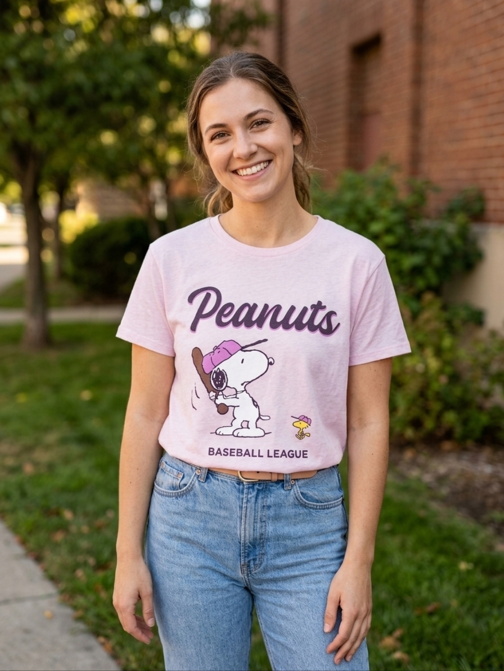 NWT Peanuts "Peanuts Baseball⚾ League Front & Back Graphics T-Shirt" Pink🩷Sz XL